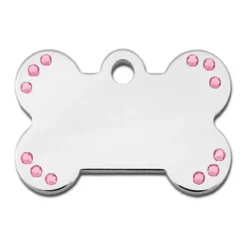 Adressanhänger|Adressanhänger Gravur>Futterfreund Knochen klein Chrom + St. Pink + Samtsäckchen