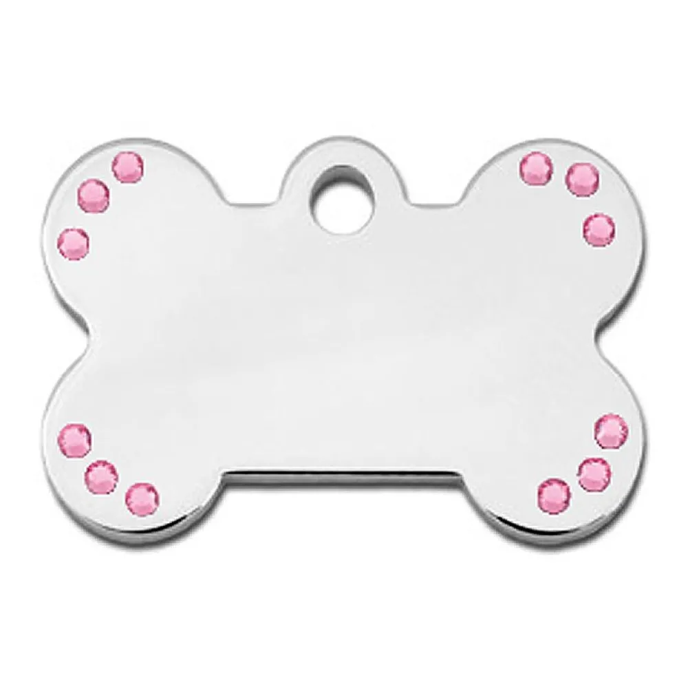 Adressanhänger|Adressanhänger Gravur>Futterfreund Knochen klein Chrom + St. Pink + Samtsäckchen
